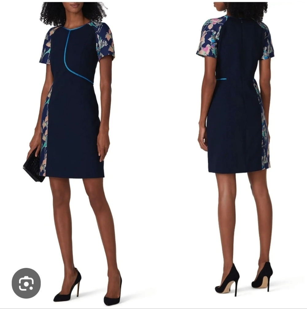 Jason Wu Navy Floral-Panel Wool Short Sleeve Sheath Dress Size 6